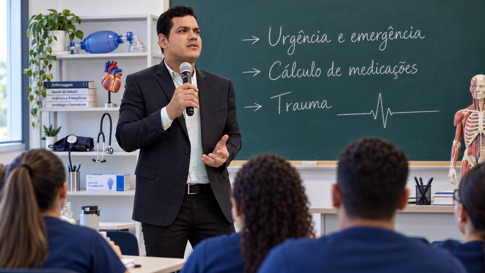 Professor Ivagner em composição de uma aula de enfermagem, com alunos, lousa e materiais de demonstração.